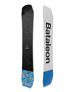 Bataleon Whatever Snowboard 2025 - A black snowboard with a blue and yellow patterned section at the bottom tip.