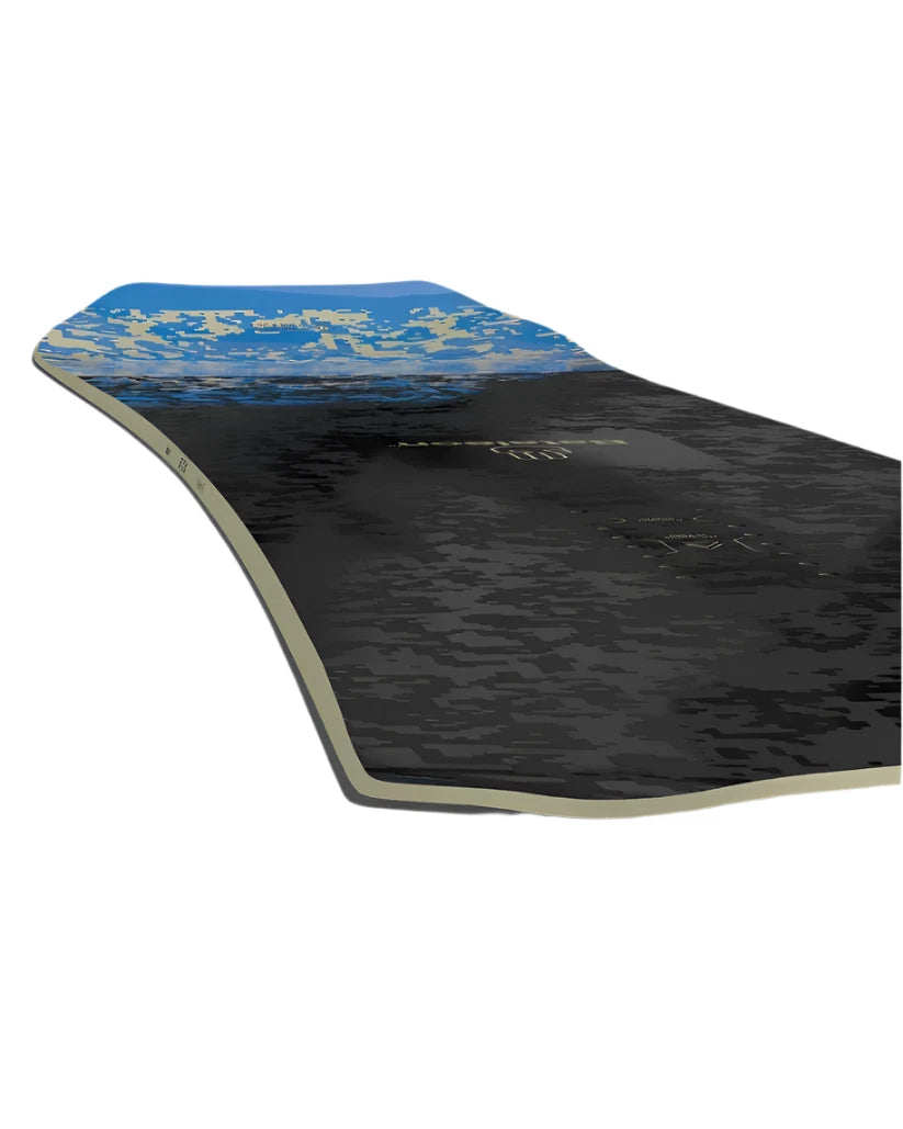 Bataleon Whatever Snowboard 2025 - A blue snowboard with a white and black patterned design on top of a solid white background.