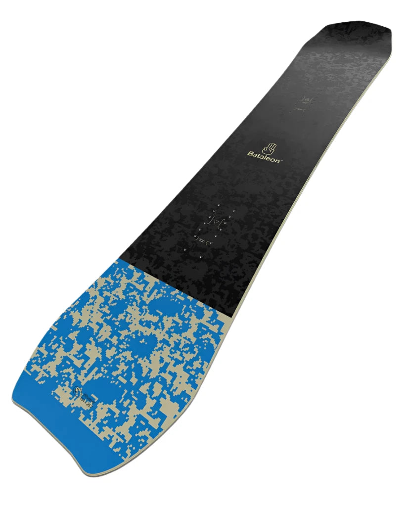 Bataleon Whatever Snowboard 2025 - A black snowboard with a blue and tan abstract pattern on the tail.