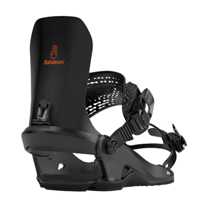 Bataleon Fly Snowboard Bindings 2025 - A pair of black snowboard bindings with a textured strap and a logo on the top strap that says "Fly" in white letters.