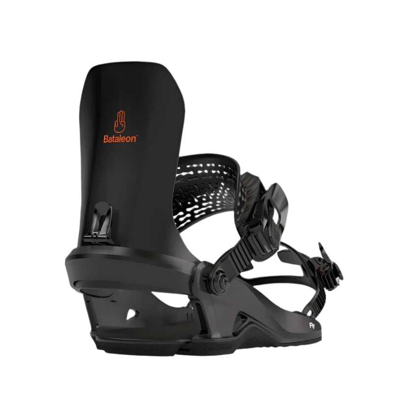 Bataleon Fly Snowboard Bindings 2025 - A pair of black snowboard bindings with a textured strap and a logo on the top strap that says "Fly" in white letters.