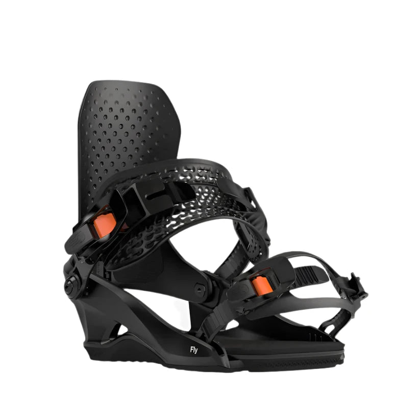 Bataleon Fly Snowboard Bindings 2025 - Black bindings with orange buckles and a textured strap on top of the footbed.