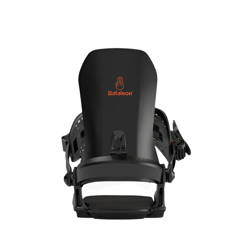 Bataleon Fly Snowboard Bindings 2025 - A pair of black snowboard bindings with a distinctive orange logo on top, featuring a hand icon and the brand name "Bataleon" in bold letters.