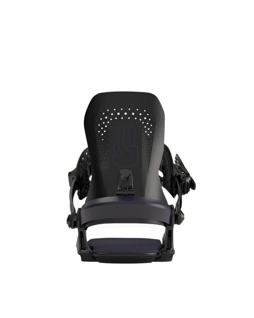 Bataleon Women's Gata Snowboard Bindings 2025 - A black snowboard binding with a sleek, modern design and perforated holes on top of the footbed.