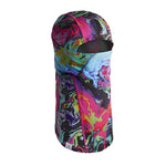 STORM SHADOW II BALACLAVA 2024 - A black balaclava with a colorful, abstract pattern of pink, purple, green, and yellow swirls.