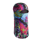 STORM SHADOW II BALACLAVA 2024 - A black balaclava with a colorful, abstract pattern of pink, purple, green, and yellow swirls.