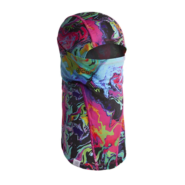 STORM SHADOW II BALACLAVA 2024 - A black balaclava with a colorful, abstract pattern of pink, purple, green, and yellow swirls.