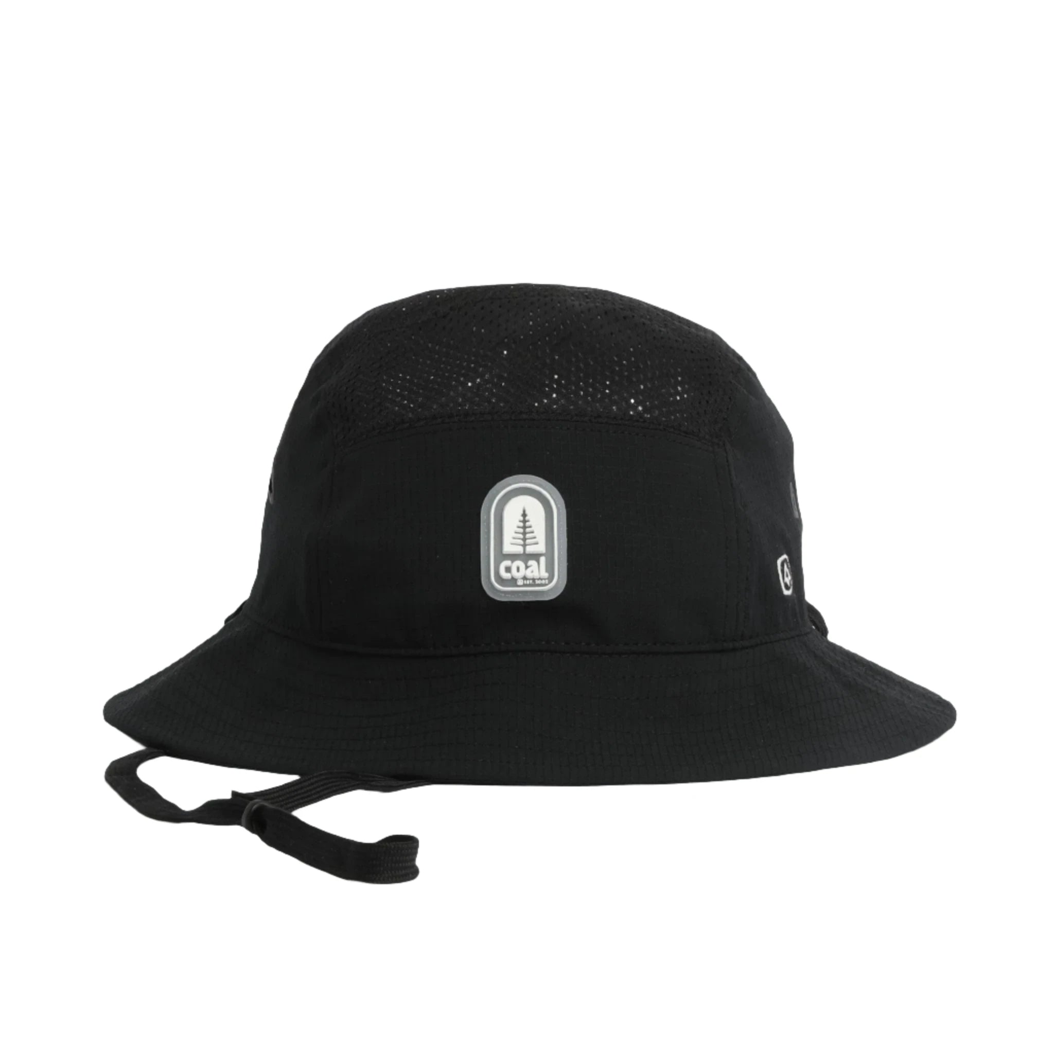 JETTY BUCKET HAT 2023 - A black bucket hat with a mesh top and drawstring at the back.