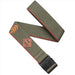 A solid olive green belt with orange embroidered chevron arrows and orange edging, featuring a black buckle. The belt has a small leather patch near the buckle. It is arranged neatly with the buckle prominently displayed.