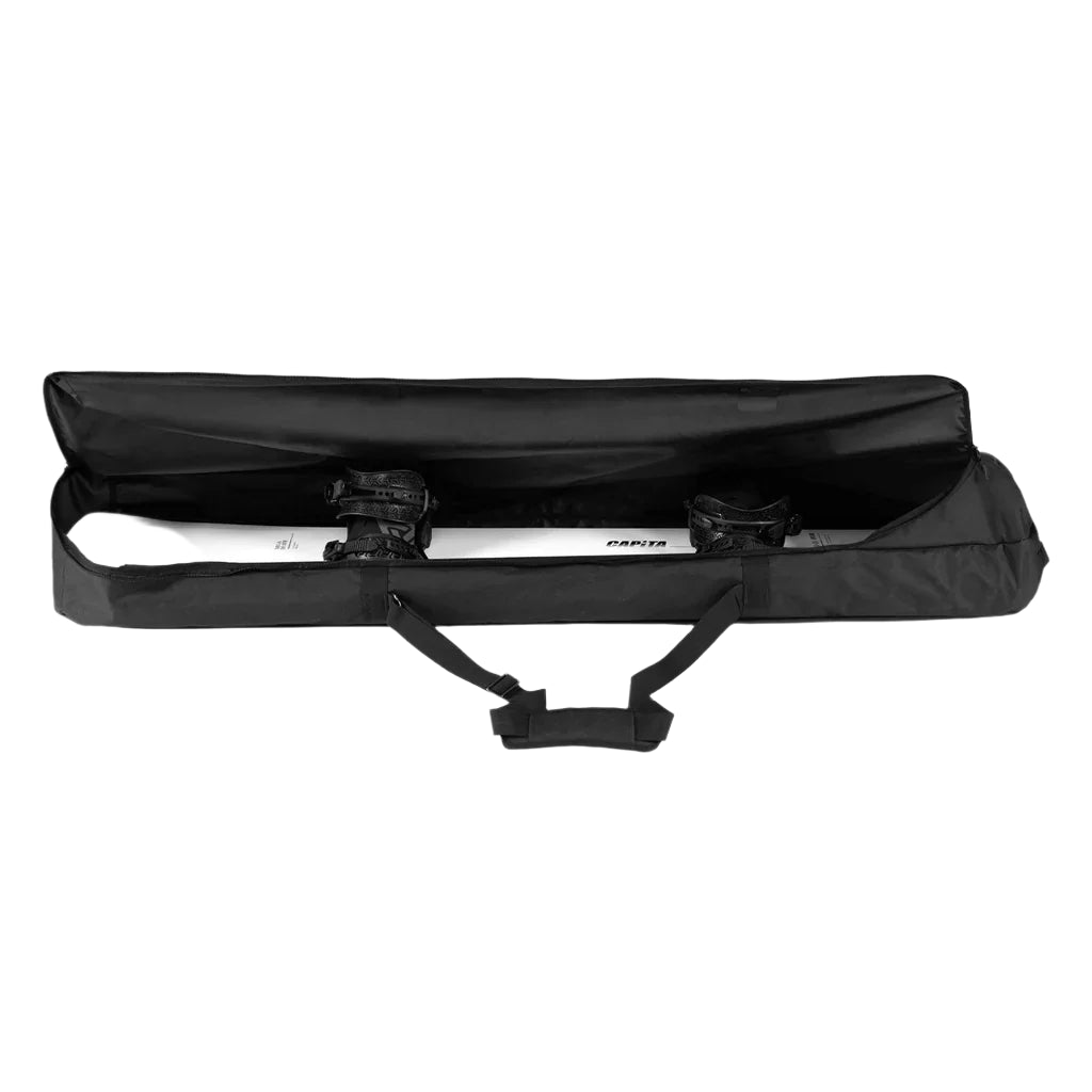Union Snowboard Bag - Black snowboard bag with a zippered top and two handles, featuring a black strap on the side.