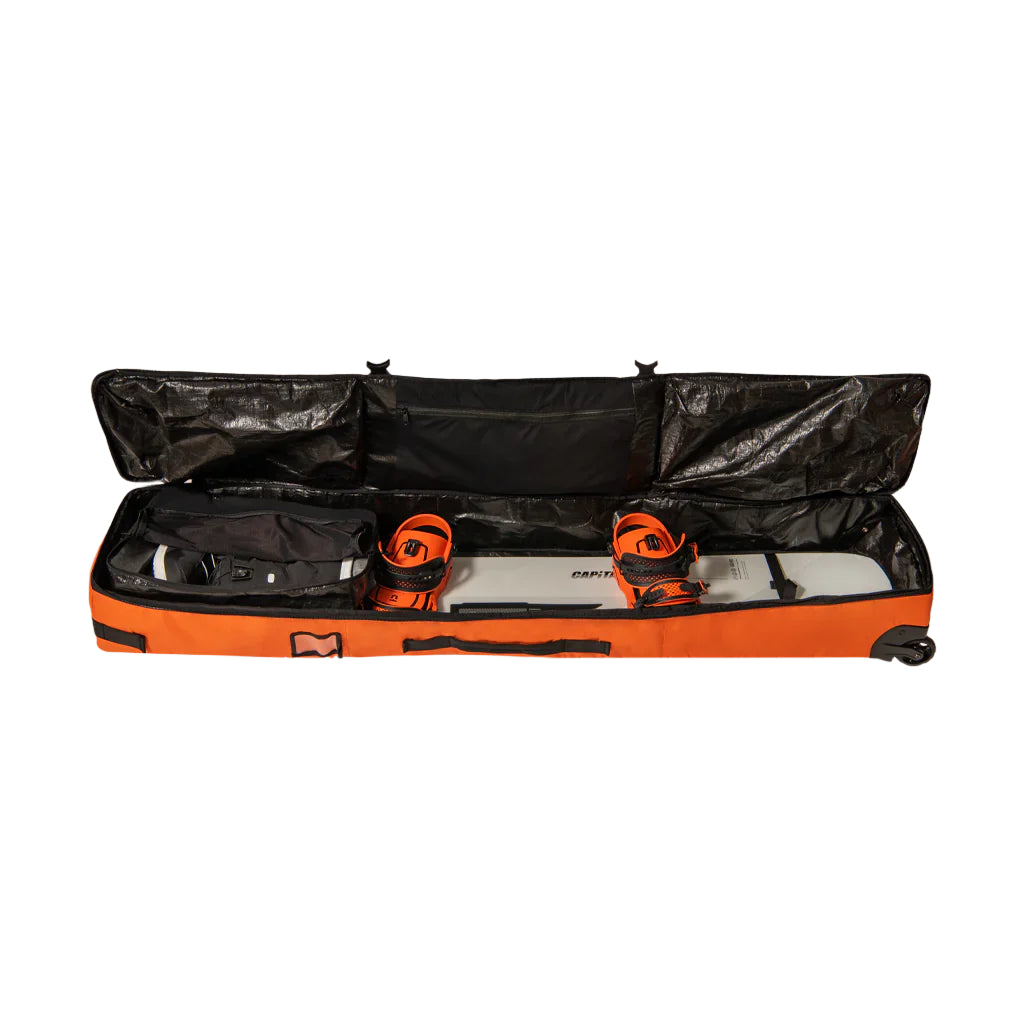 Union Wheeled Snowboard Bag - Black wheeled bag with black wheels, handle and zipper.