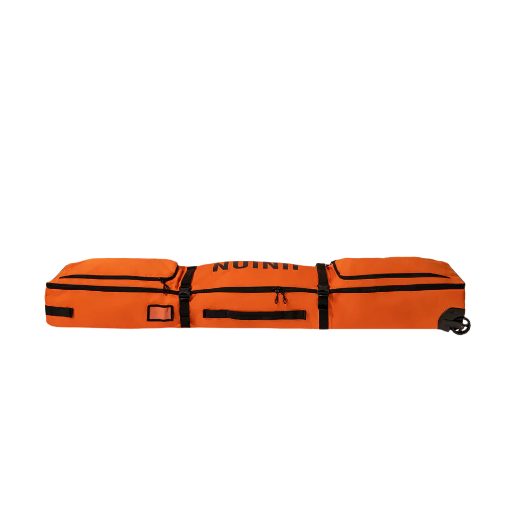 Union Wheeled Snowboard Bag - A large, rectangular bag with a black handle and wheels on one end, featuring a zippered opening at the top.