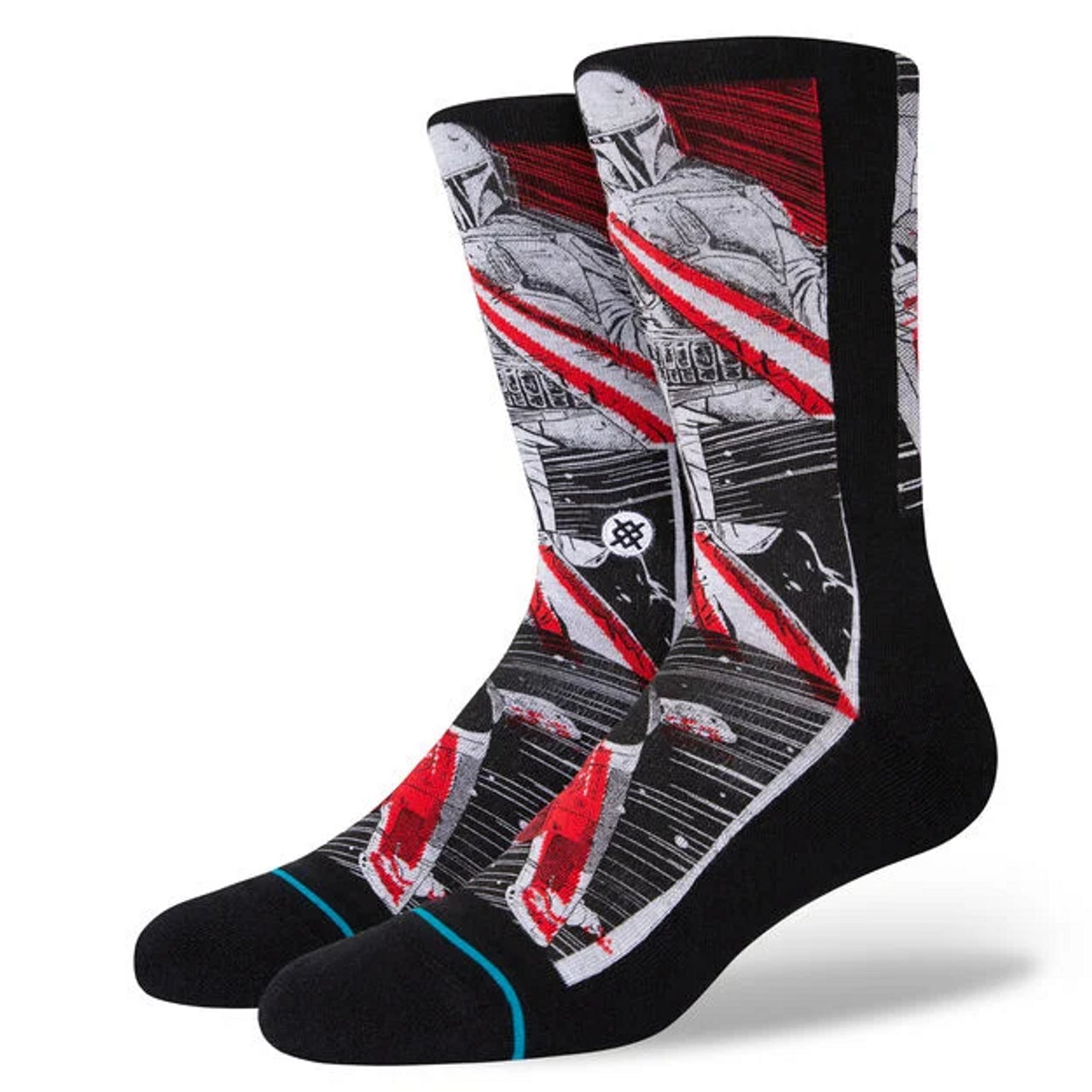 MANGA BOBA CREW C SOCK 2022 - A pair of crew-length socks featuring a manga-style illustration of Boba Fett from Star Wars, with red and white stripes on his armor.