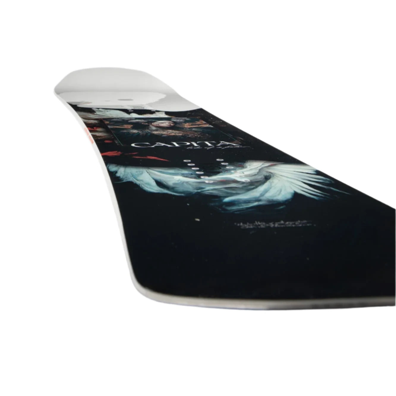 CAPiTA Women's Birds of a Feather Snowboard 2025 - A black snowboard with white feathers and red accents on the top sheet.