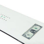 Sims Bowl Squad Snowboard 2025 - A white snowboard with a green logo and black binding hardware.