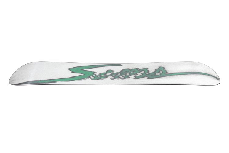 Sims Bowl Squad Snowboard 2025 - A white snowboard with a green logo on top.