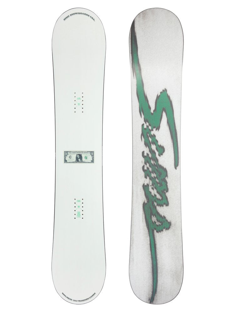 Sims Bowl Squad Snowboard 2025 - White snowboard with green logo on top and bottom of board.