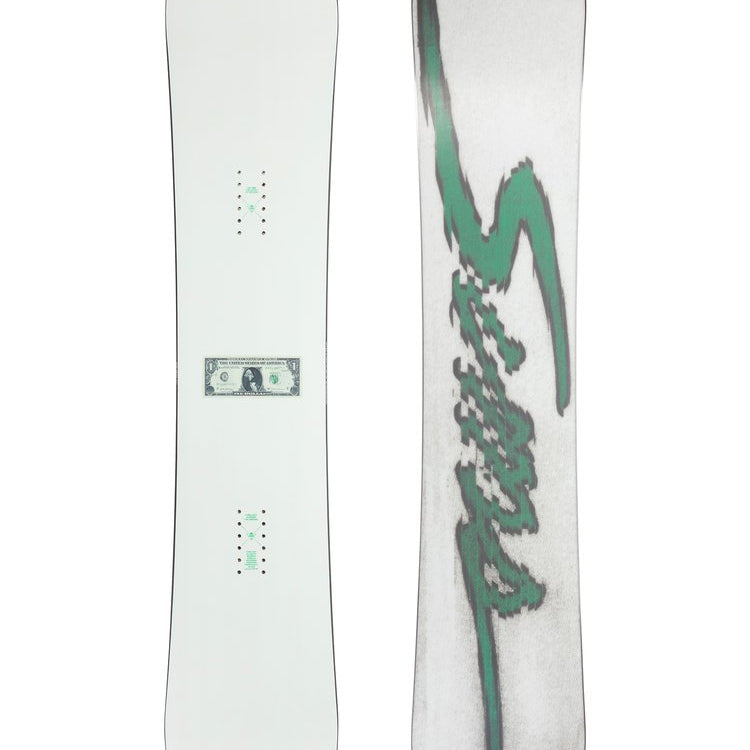 Sims Bowl Squad Snowboard 2025 - White snowboard with green logo on top and bottom of board.
