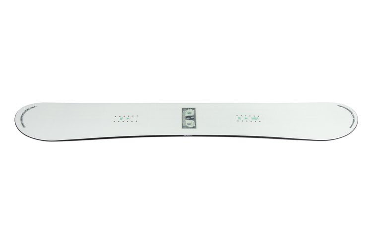 Sims Bowl Squad Snowboard 2025 - A white snowboard with a gray logo in the center and small green dots on either side of it.