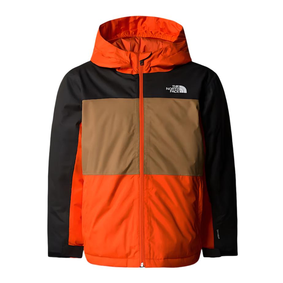 North Face Boys' Freedom Insulated Jacket - A black, brown, and orange jacket with a white logo on the upper right chest area.