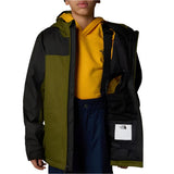 North Face Boys' Freedom Insulated Jacket - A dark green insulated jacket with a hood, worn by a model against a white background.