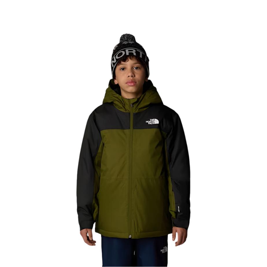 North Face Boys' Freedom Insulated Jacket - A dark green jacket with a white logo on the left chest and a zipper down the front.