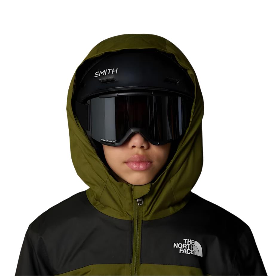 North Face Boys' Freedom Insulated Jacket 2025 - A dark green and black jacket with a white logo on the left chest.