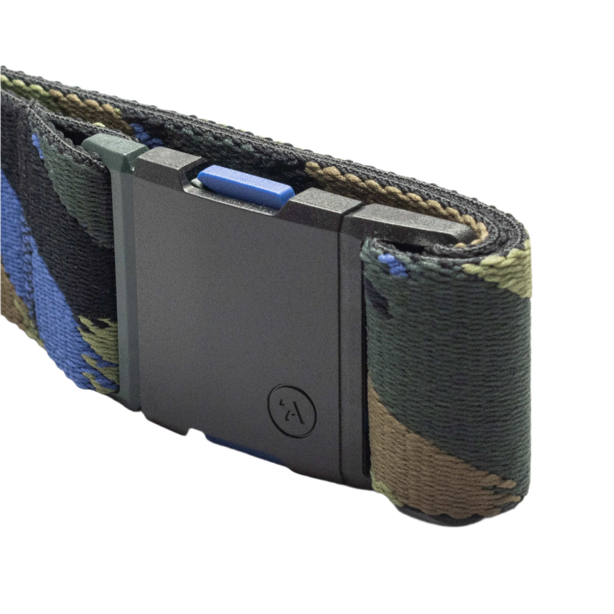 Arcade Brushstroke Stretch Belt 2025 - A camouflage-printed belt with a blue brush stroke design, featuring a black buckle and stretchy material.