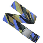 Arcade Brushstroke Stretch Belt 2025 - A blue, green, and black stretch belt with a brush stroke pattern.