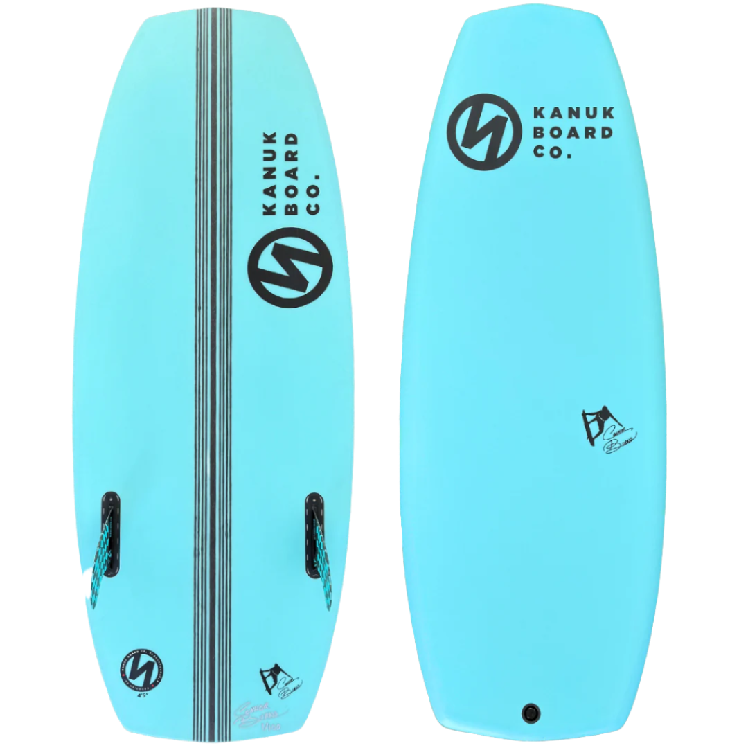 Kanuk Burnsy Pro Wakesurf 2024 - A light blue wakesurf board with a black logo and three thin gray stripes running vertically down its center.