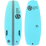 Kanuk Burnsy Pro Wakesurf 2024 - A light blue wakesurf board with a black logo and three thin gray stripes running vertically down its center.