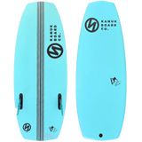Kanuk Burnsy Pro Wakesurf 2024 - A light blue wakesurf board with a black logo and three thin gray stripes running vertically down its center.