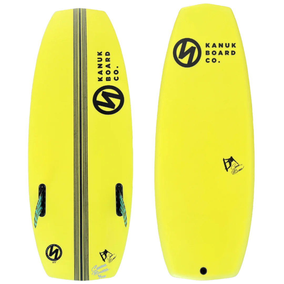 Kanuk Burnsy Pro Wakesurf 2024 - A bright yellow wakesurf board with a black logo and three thin black stripes running vertically down its center.