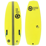 Kanuk Burnsy Pro Wakesurf 2024 - A bright yellow wakesurf board with a black logo and three thin black stripes running vertically down its center.