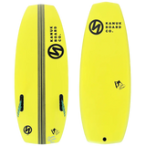 Kanuk Burnsy Pro Wakesurf 2024 - A bright yellow wakesurf board with a black logo and three thin black stripes running vertically down its center.