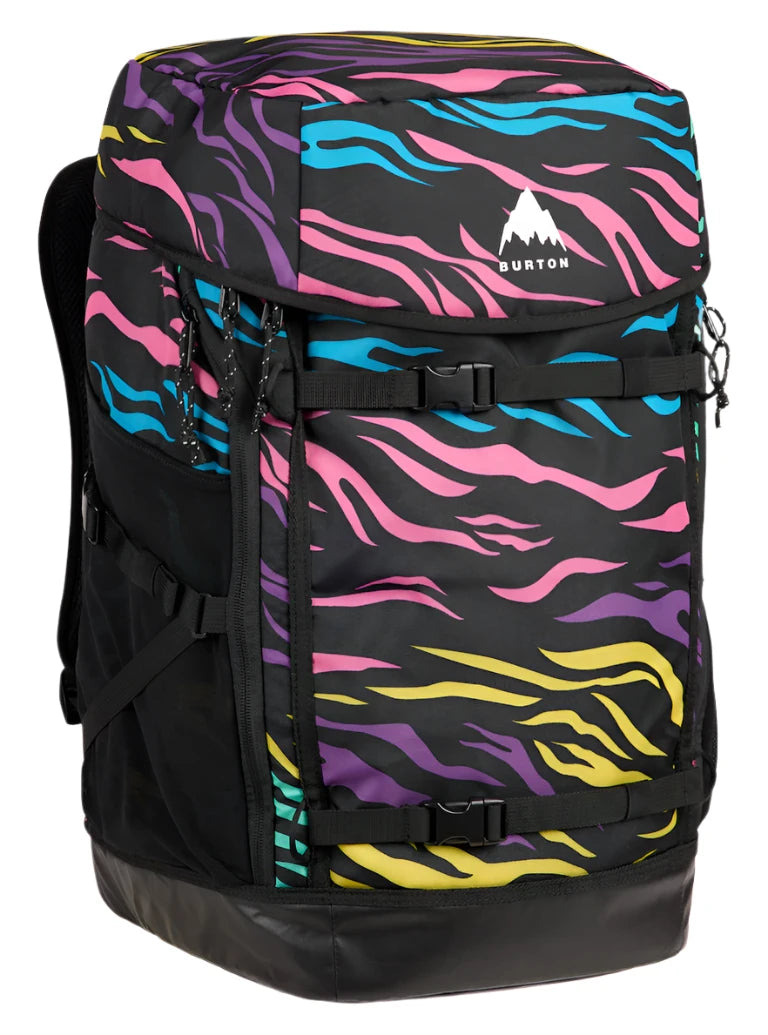 Burton Gig Boot 48L Pack 2025 - A black backpack with a pink, purple, and blue zebra stripe pattern on the front flap.
