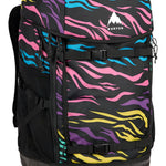 Burton Gig Boot 48L Pack 2025 - A black backpack with a pink, purple, and blue zebra stripe pattern on the front flap.