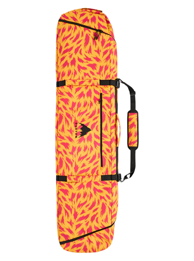Burton Gig Snowboard Bag - A large, rectangular bag with a bright yellow base color and pink accents, featuring a zippered top and black straps.
