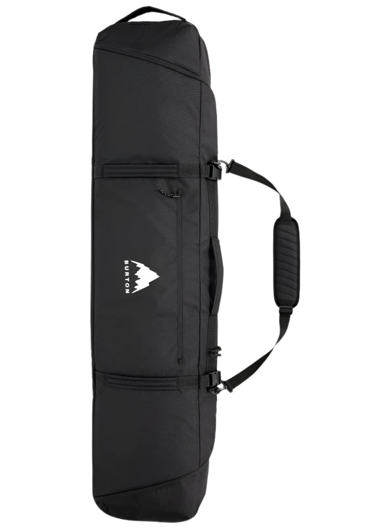 Burton Gig Snowboard Bag - A black snowboard bag with a white logo featuring a mountain peak and the word "BURTON" in bold letters, set against a solid light gray background.