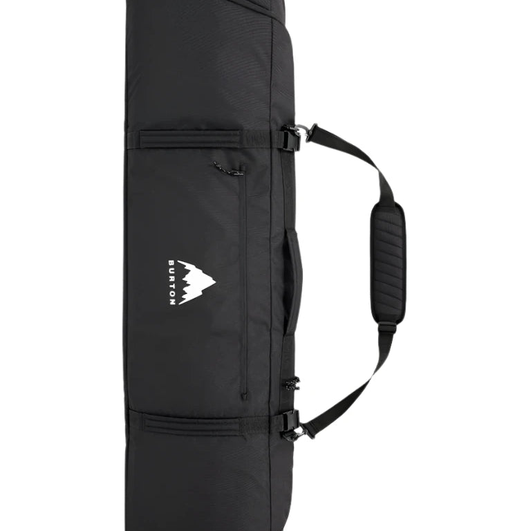 Burton Gig Snowboard Bag - A black snowboard bag with a white logo featuring a mountain peak and the word "BURTON" in bold letters, set against a solid light gray background.