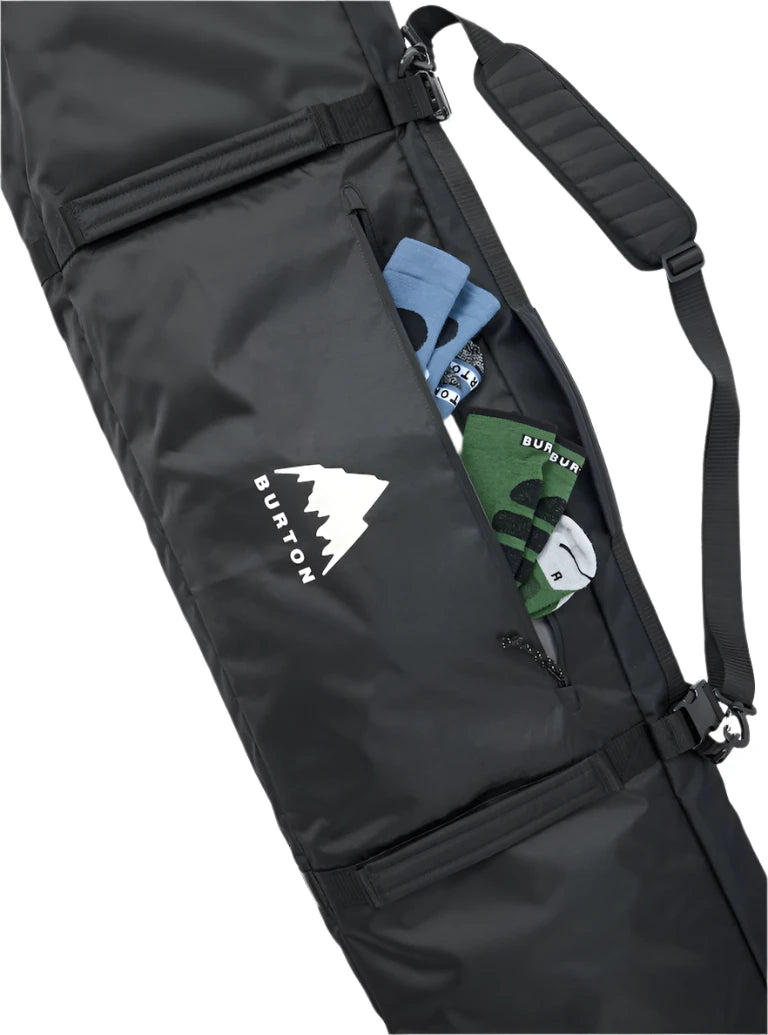 Burton Gig Snowboard Bag - A black snowboard bag with a white logo featuring a mountain peak and the word "BURTON" in bold letters, situated on the front of the bag.