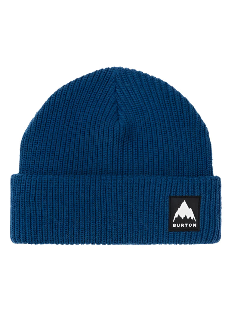 Burton Recycled VT Beanie 2025 - A navy blue beanie with a small white logo on the front featuring a mountain graphic and the word "BURTON" in black letters.