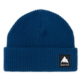 Burton Recycled VT Beanie 2025 - A navy blue beanie with a small white logo on the front featuring a mountain graphic and the word "BURTON" in black letters.