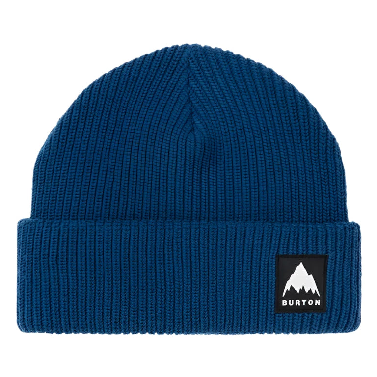 Burton Recycled VT Beanie 2025 - A navy blue beanie with a small white logo on the front featuring a mountain graphic and the word "BURTON" in black letters.