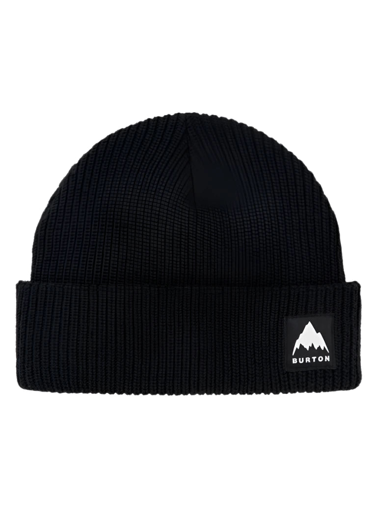 Burton Recycled VT Beanie 2025 - A black beanie with a small white logo on the front featuring a mountain peak and the word "BURTON" in lowercase letters.