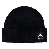Burton Recycled VT Beanie 2025 - A black beanie with a small white logo on the front featuring a mountain peak and the word "BURTON" in lowercase letters.