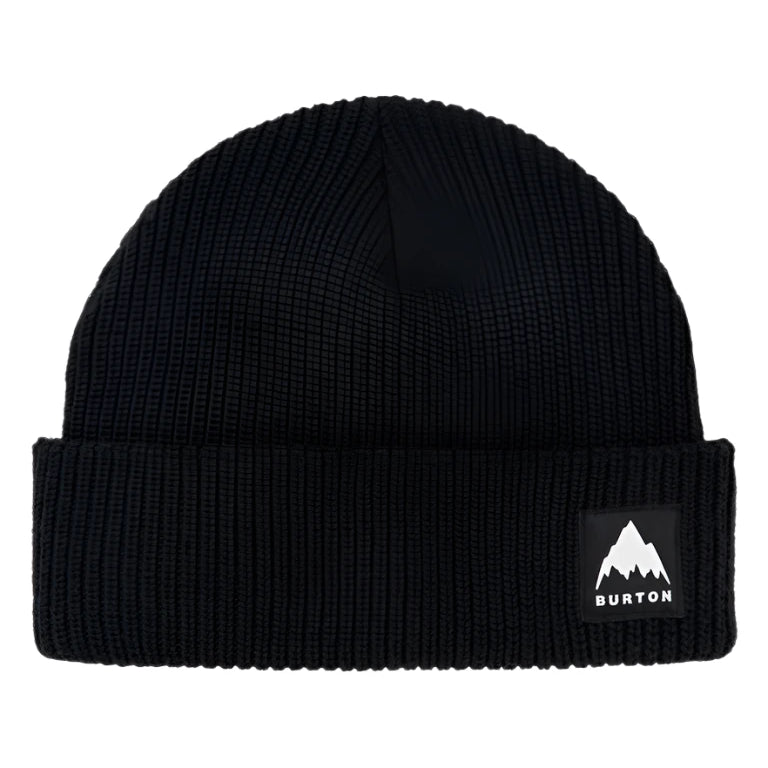 Burton Recycled VT Beanie 2025 - A black beanie with a small white logo on the front featuring a mountain peak and the word "BURTON" in lowercase letters.