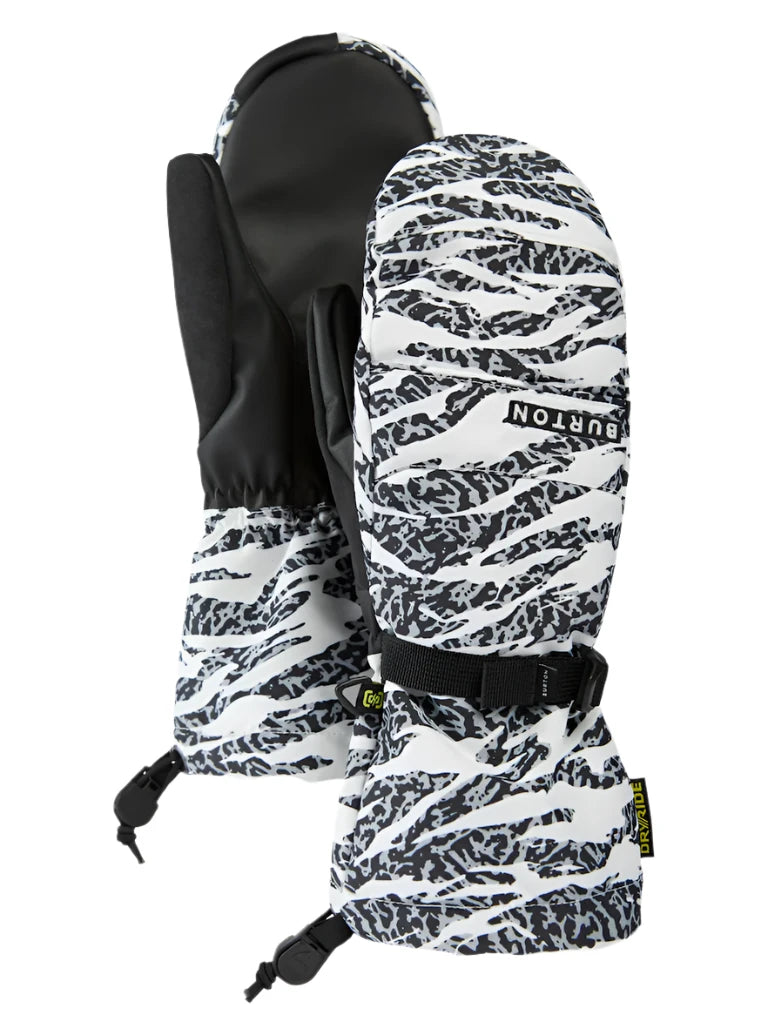 Burton Women's Profile Mittens 2025 - A pair of black and white mittens with a snowflake pattern on the back, featuring a strap closure at the wrist.