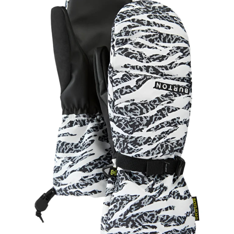Burton Women's Profile Mittens 2025 - A pair of black and white mittens with a snowflake pattern on the back, featuring a strap closure at the wrist.