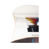 Arbor Women's Cadence Camber Snowboard 2025 - A white snowboard with a black graphic featuring wavy lines in red, yellow, purple and blue.